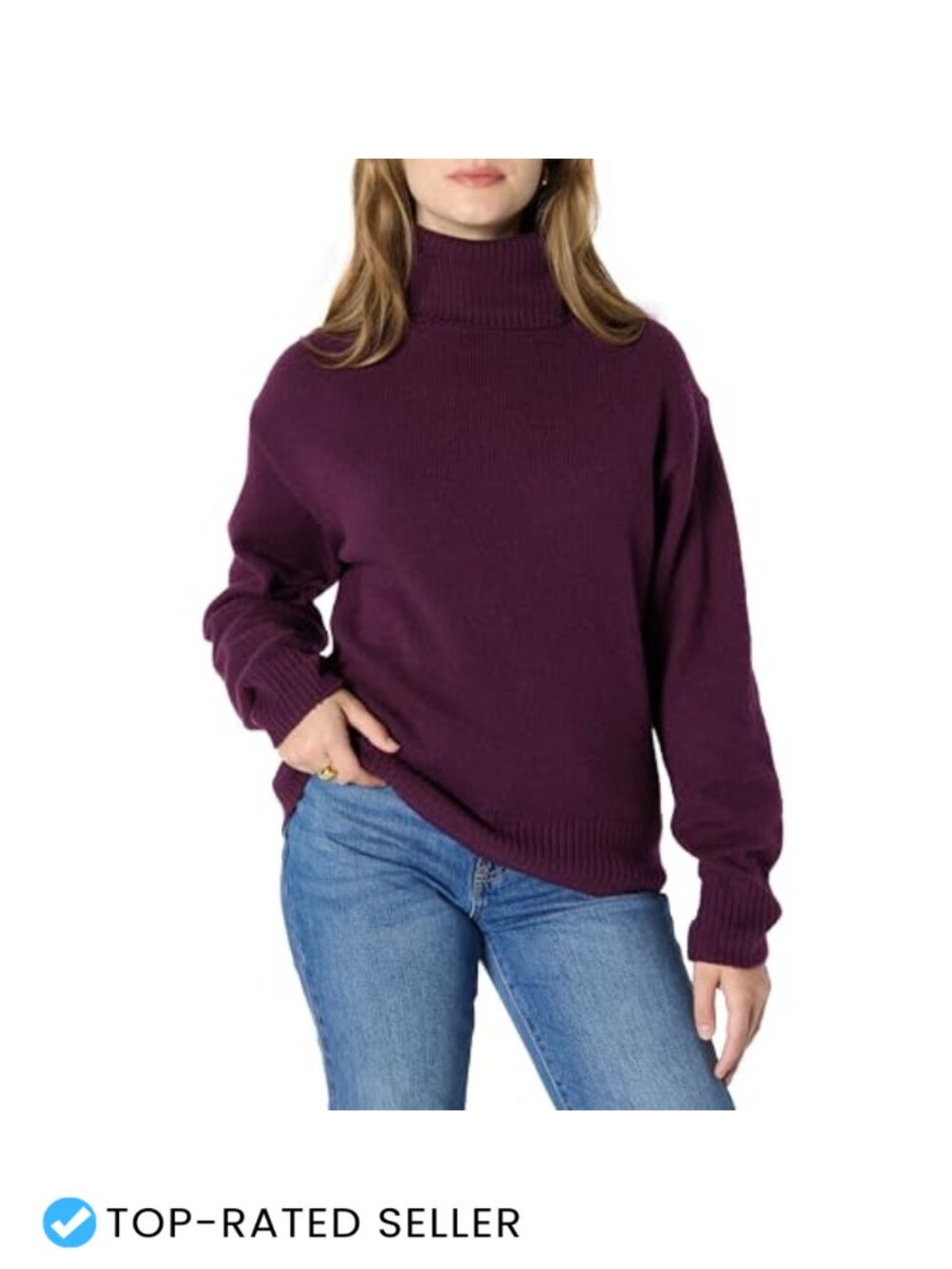 Women's Cotton Blend Turtleneck Pullover Sweater Relaxed Fit Dropped Shoulders
